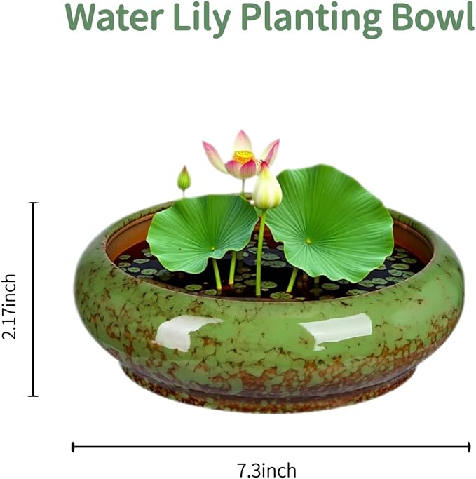 7.3 Inch Succulent Planters Pots Shallow Ceramic Glazed Planter Pots, Lotus Bowl Planter Round Shallow Planter Water Lily Pot for Indoor/Outdoor Plants Decorative (Green