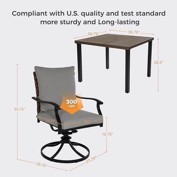 Grand patio 5-Piece Outdoor Dining Set, 4 Leather-Look Wicker Swivel Patio Chairs & 1 Square Woodgrain Dining Table, Brown