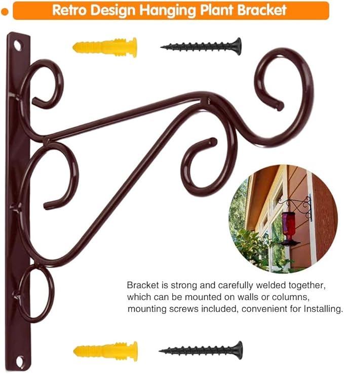KABB Hanging Plant Bracket, 2 Pcs 10" Iron Decorative Wall Hanger Hooks for Hanging Plants Flower Baskets Bird Feeders Wind Chimes, Indoor Outdoor Rustic Home Decor, Coffee Color