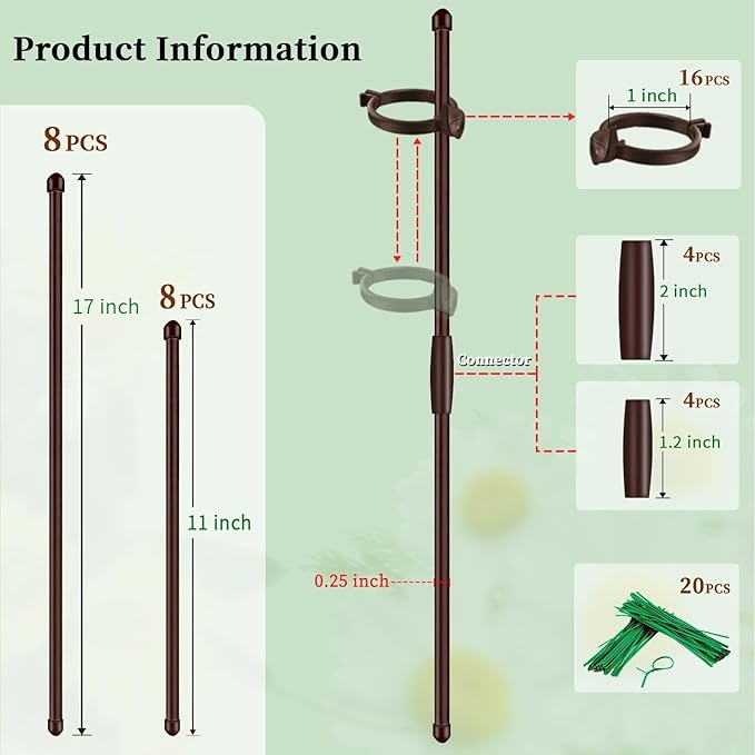 Plant Stakes 17inch &11inch SupKing 16Pcs Adjustable Flower Support Poles Orchid Sticks with Clips for Indoor Outdoor Garden Potted Tomato Rose Amaryllis Vegetables Comes with 20 Ties (Brown)