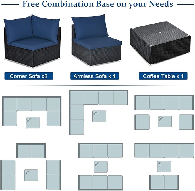 Tangkula 7-Piece Patio Furniture Set, Outdoor Sectional Wicker Sofa with Pillows and Cushions, Conversation Set with Coffee Table & Tea Table for Garden, Lawn (Navy Blue)