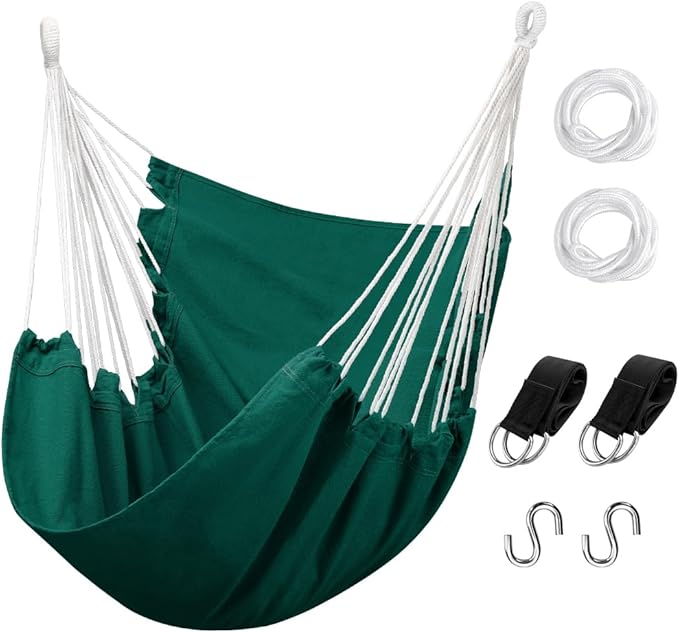 Hommtina Hammock Chair Hanging Rope Swing, Max 300 Lbs Hanging Chair with Pocket & Durability Perfect for Outdoor, Home, Bedroom, Patio, Yard (Pillows NOT Included,Dark Green)