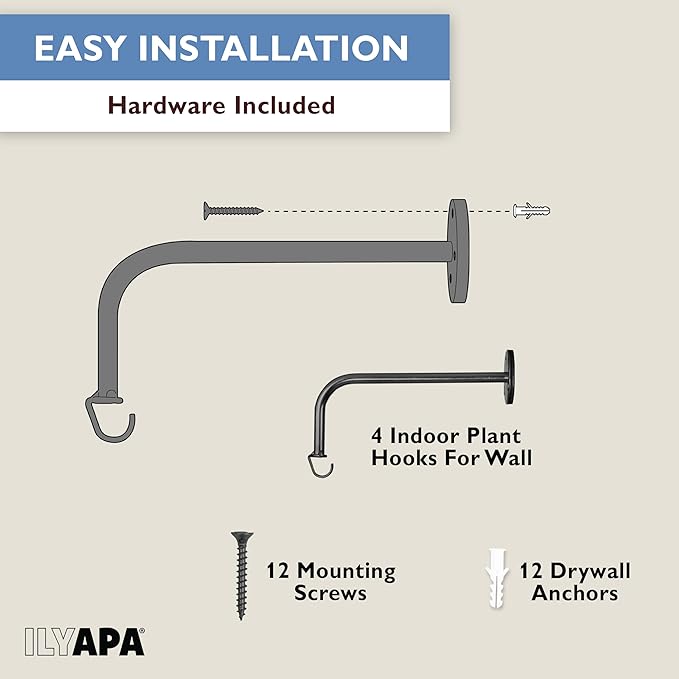 Ilyapa 4 Pack Metal Plant Wall Hanger Hooks - 7 in. Hook for Hanging, Baskets, and Macrame, Indoor Hangers in Matte Black Finish, Wall Planters