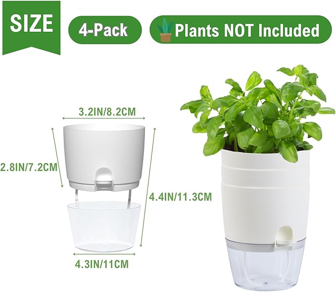 6Inch Self Watering Planter Pots 4 Pack Plant Pot for Indoor Wicking Flower Pots Plant Pots Modern Decorative Planter for Small African Violets House Plants,Herbs,Indoor Outdoor Plant (White)