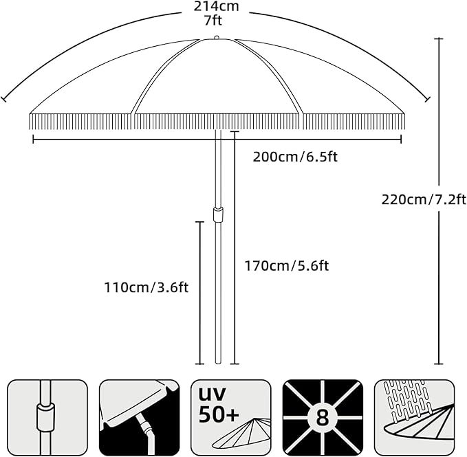 AMMSUN 7ft Patio Umbrella with Fringe Outdoor Tassel Umbrella UPF50+ Premium Steel Pole and Ribs Push Button Tilt, Retro Bohemian