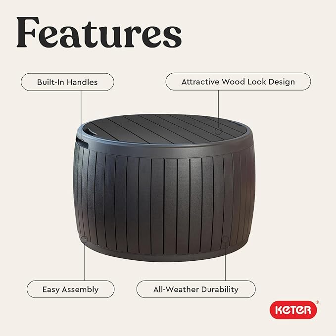Keter Circa 37 Gallon Deck Box Organizer, Works as Ottoman Chair or Side Table, Brown – Large Resin Round Outdoor Storage and Seating for Garden, Pool, and Patio
