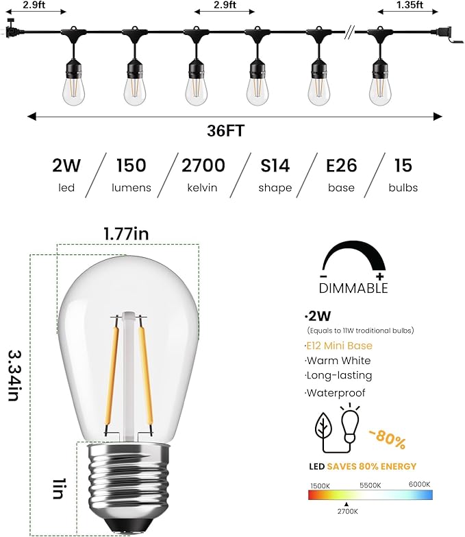 Svater 36 FT Outdoor String Lights 2W, Commercial Grade Patio Light with 13 pc Edison Shatterproof Bulbs, IP65 Waterproof LED Hanging Lighting for Bistro Cafe Market Outside Backyard, Warm White 2700K