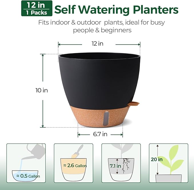 T4U 12 Inch Self Watering Pot - Water Level Indicator & Deep Reservoir, Mess-Free Planter for Busy People, Beginners & Gardeners, Fit Rubber Tree/Fiddle Leaf Fig Plants, Indoor Outdoor Use (Black)