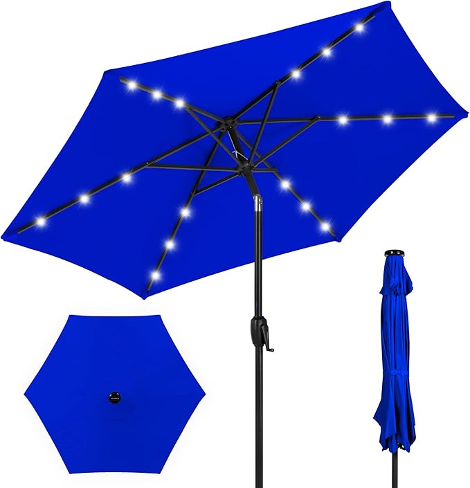 Best Choice Products 7.5ft Outdoor Solar Market Table Patio Umbrella for Deck, Pool w/Tilt, Crank, LED Lights - Resort Blue