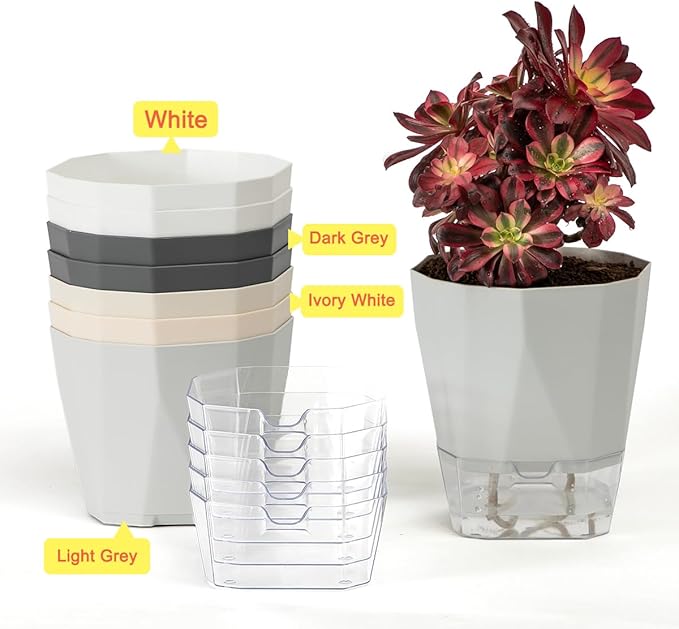5 Pack Self Watering Plant Pots 5/6.7/8.4 In Self Watering Planters for indoor and Outdoor plants African Violet Self Watering Pots Clear Pots for Plants Herb Orchid Flower Houseplant Pots, Light Grey