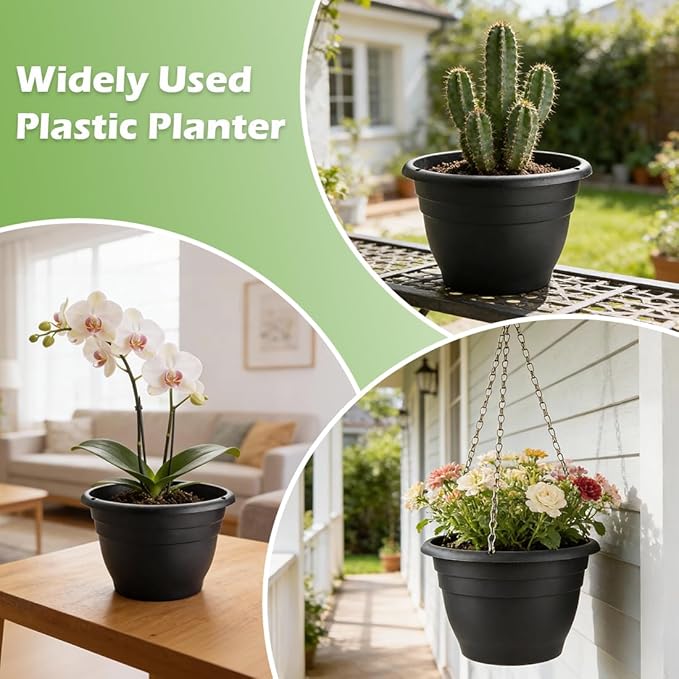 15 Pack 11 Inch Plant Pots with Drainage Holes,Black Plastic Flower Pots with Hanging Holes,Durable Planters for Indoor & Outdoor Plants,Nursery Pots