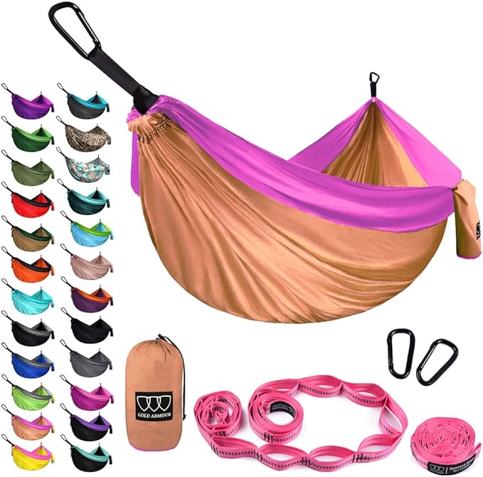 Gold Armour Camping Hammock - XL Double Hammock Portable Hammock Camping Accessories Gear for Outdoor Indoor with Tree Straps, USA Based Brand (Peach and Pink)