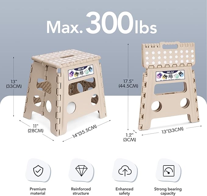 Delxo Office Step Stool, 13 inch Non-Slip Foldable Stools for Adults Up to 300 LBS, Step Stool with Handle, Lightweight for Kitchen, Bathroom, Bedroom, Office, Khaki, 1PC