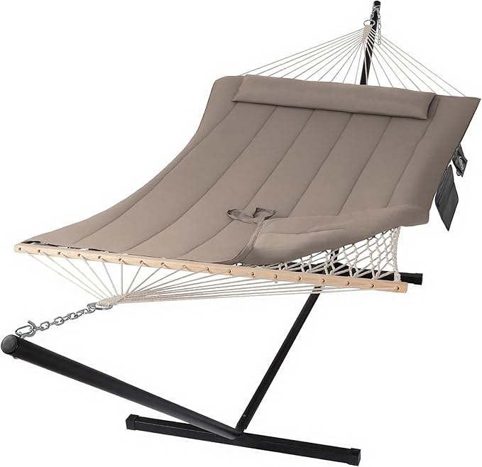 SUNCREAT Hammocks Two Person Hammock with 12ft Stand Included, Max 475lbs Capacity, Heavy Duty Free Standing Hammock, Coffee
