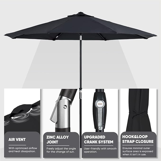 Tempera Patio Market Outdoor Table Umbrella with Auto Tilt and Crank, Large Sun Umbrella with Sturdy Pole & Fade Resistant Canopy, Easy to Set