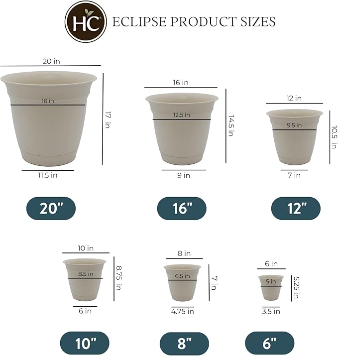 The HC Companies Eclipse Round Planter with Saucer - Outdoor & Indoor Plant Pot with Drainage Holes - Lightweight, UV-Resistant Plastic Pots for Plants, Flowers & Herbs (16" Cottage Stone, Pack of 1)