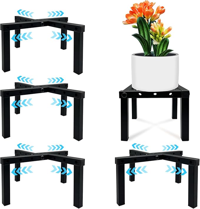 4 Pcs Four Legs Adjustable Metal Plant Stand for 5"-10" Plant Pot – Indoor & Outdoor (Black, 4 Pack)