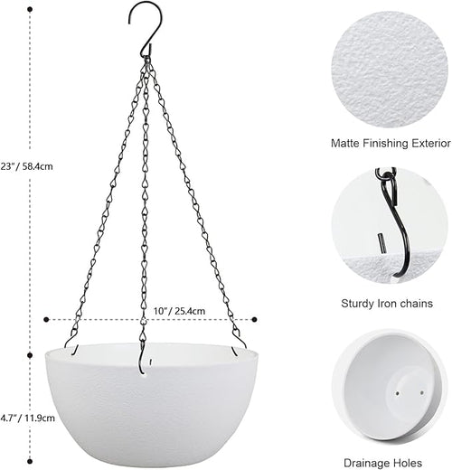10 inch Hanging Planters for Indoor Outdoor Plants, 2 Pack Hanging Flower Pots with Drainage Holes and Chain for Garden Balcony Porch, Round Plastic Hanging Baskets for House Plants, White