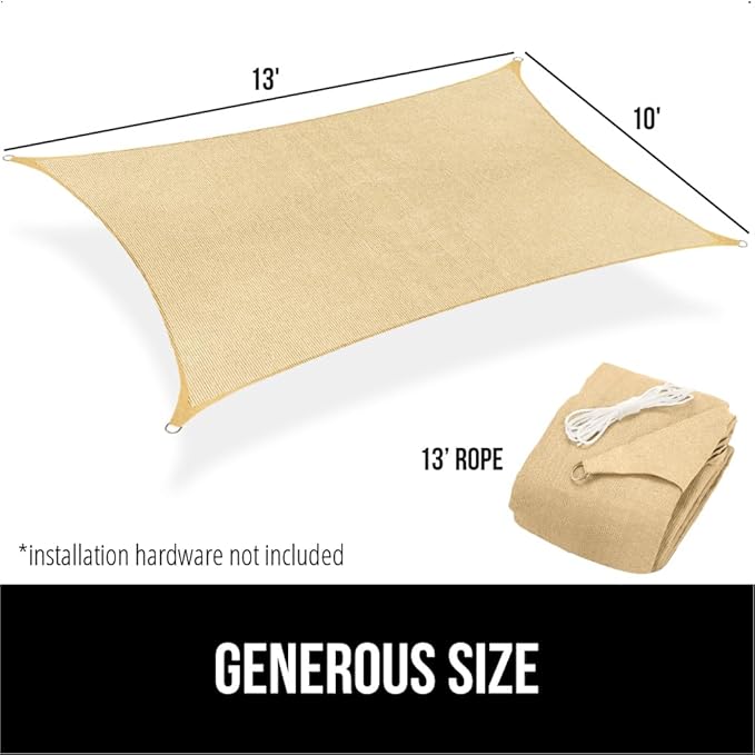 GORILLA GRIP Heavy Duty Sun Shade, UV Protection Fade Tear and Rust Resistant Rectangle Sunshade Canopy, Curved Edges Blocks Sunlight, Breathable Sail, Outdoor Patio, Lawn Garden 10x13 FT Sand
