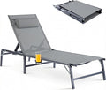 Foldable Chaise Lounge Chair with Cup Holder, Assemble-Free Outdoor Lounge Chair with Detachable Pillow and 6 Adjustable Backrest, Patio Lounge Chair for Outside Poolside Beach Pool, Grey