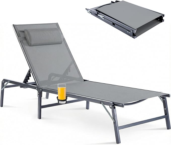 Foldable Chaise Lounge Chair with Cup Holder, Assemble-Free Outdoor Lounge Chair with Detachable Pillow and 6 Adjustable Backrest, Patio Lounge Chair for Outside Poolside Beach Pool, Grey