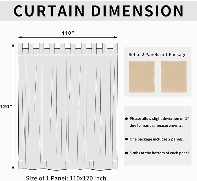 Easy-Going Outdoor Patio Curtains Detachable Tab Top Windproof Weatherproof Curtain for Cabana, Porch, Pergola and Gazebo, Tab Bottom Drape, 2 Panels, 110W x 120L inch, Beige