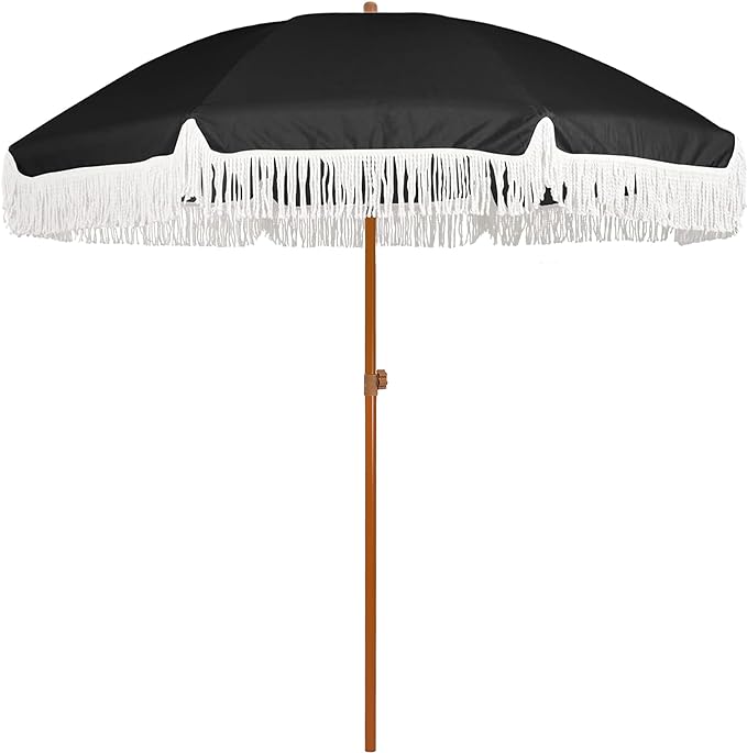 AMMSUN 7ft Patio Umbrella with Fringe Outdoor Tassel Umbrella UPF50+ Premium Steel Pole and Steel Ribs Push Button Tilt, Black
