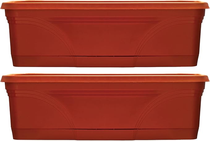 Southern Patio 36 Inch Rectangular Plastic Medallion Hanging Windowsill and Garden Box Planters with Drainage Holes, Terracotta (2 Pack)