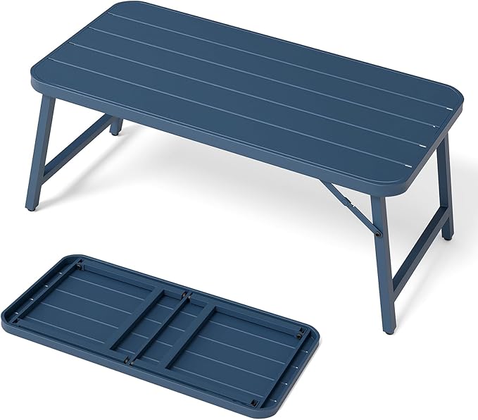 VINGLI Outdoor Folding Coffee Table, Rectangle Drainable Iron Patio Table for Balcony, Porch, and Living Room, Blue