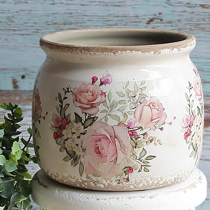 Ceramic Planter for Indoor Plants, 6.29 Inch Rose Pattern Crackle Glaze Flower Pot with Drainage Hole, Orchid Succulent Pots, European Farmhouse Bedroom Balcony Decor Gift, Pink