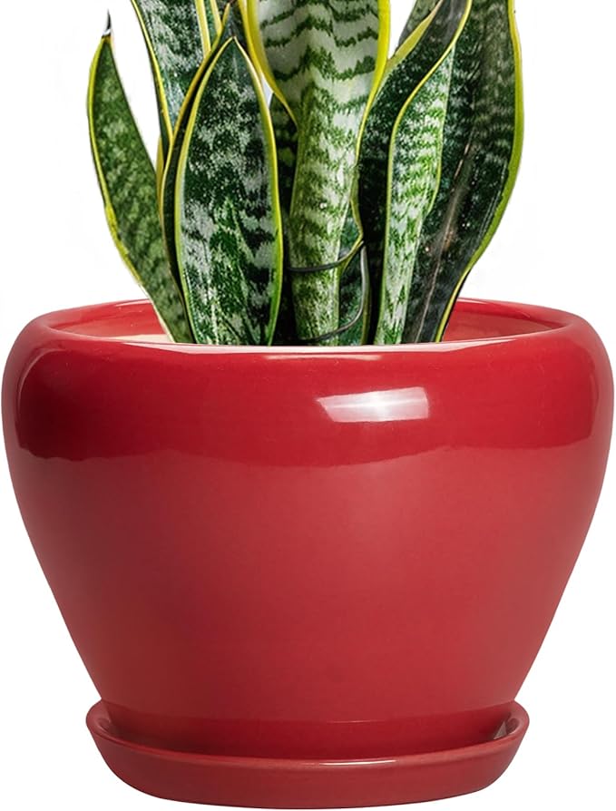 Ceramic Planter for Indoor Plants 8 Inch - Ceramic Plant Pot with Drainage Hole and Saucer, Glaze Round Decorative Modern Flower Pot, Housewarming Gift, Home Room Office Decor, Red