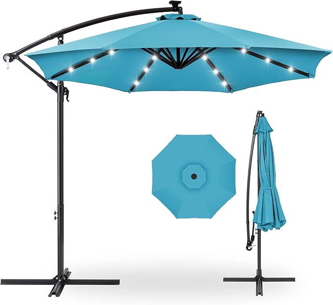 Best Choice Products 10ft Solar LED Offset Cantilever Hanging Market Patio Umbrella, 8 Sturdy Ribs, Easy Adjustment - Sky Blue