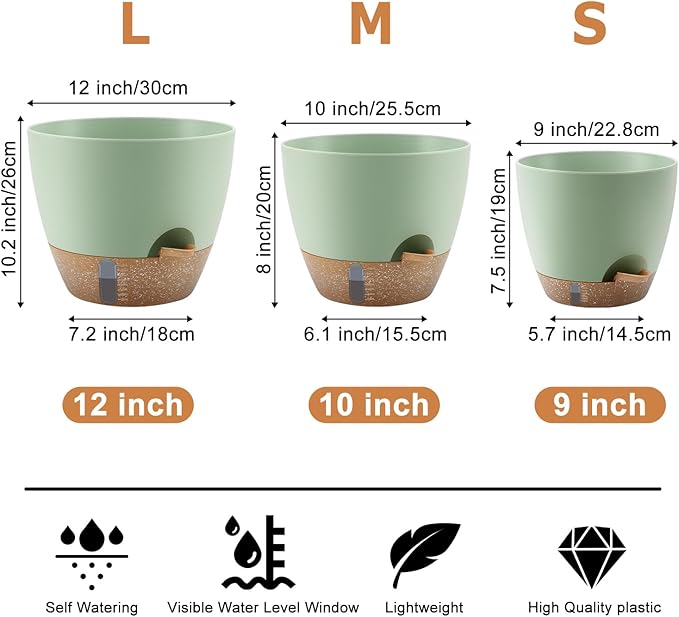 Self-Watering Plant Pots with Water Level Indicator, Drainage Holes & Saucers – 12/10/9 Inch Large Plastic Planter Set for Indoor & Outdoor Plants (Green)