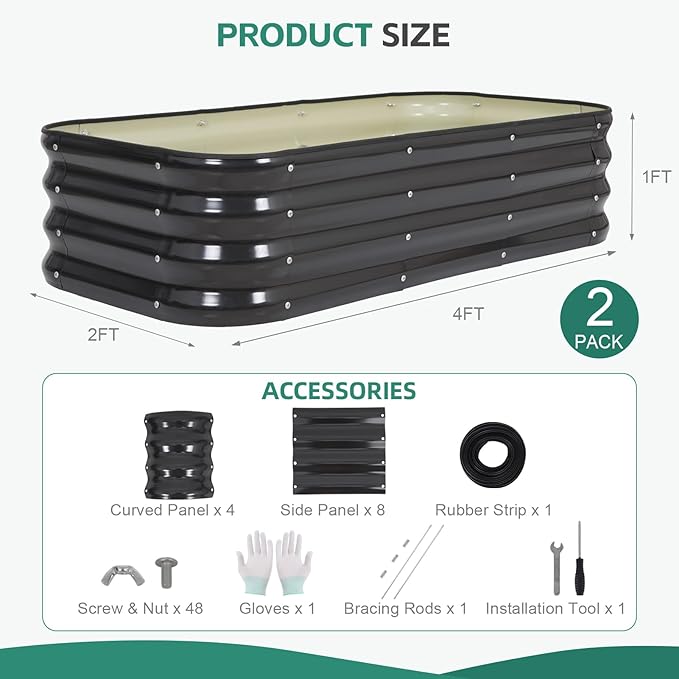 3 in 1 Galvanized Raised Garden Bed - 4x2x1ft (2Packs) Modular Planter Box Outdoor | Metal Raised Bed Kit with Bracing Rods for Gardening Vegetables Flowers Fruits Herbs (Dark Grey)