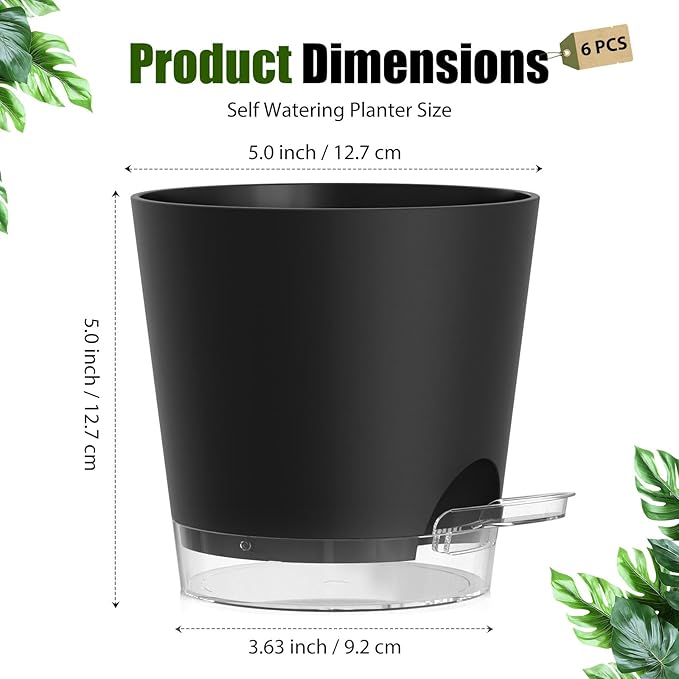 Plant Pots 5 Inch Self Watering Pots,6 Pack Plastic Planters with Drainage Holes and Clear Saucers,Plastic Flower Pots,Nursery Planting Pot for Indoor Out Door Plants (Black)