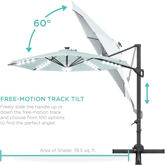 Best Choice Products 10ft Solar LED Cantilever Patio Umbrella, 360-Degree Rotation Hanging Offset Market Outdoor Sun Shade for Backyard, Deck, Poolside w/Lights, Easy Tilt, Cross Base