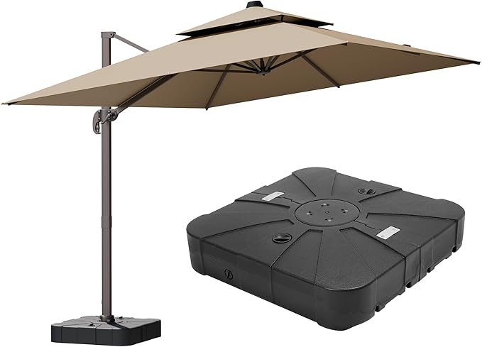9x12FT Brown Cantilever Outdoor Patio Umbrella with Base, Large Rectangular Offset Design, Double Top Heavy Duty Aluminum Frame & 360° Rotation for Pool Garden Deck Backyard