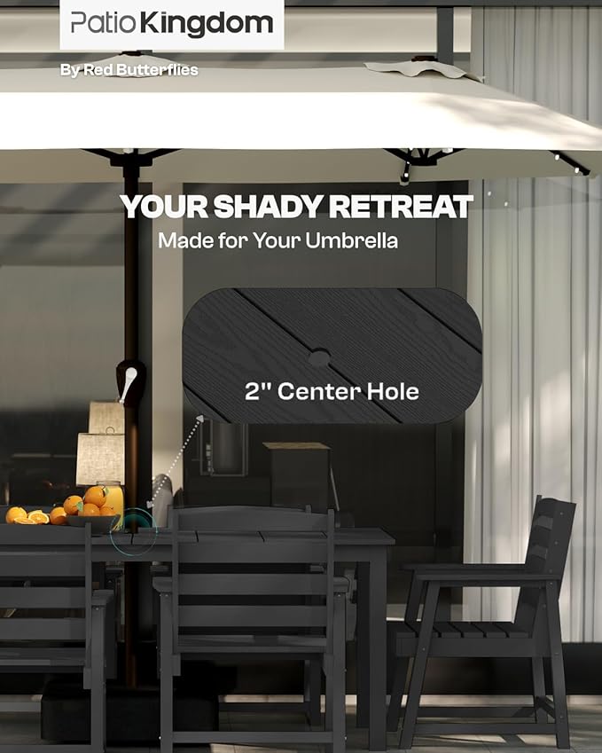 7-Piece Black Outdoor Dining Set with White 15FT Large Patio Umbrella, 75.2'' HDPE Table & Chairs for 6, Weather-Resistant Furniture with Umbrella Hole for Patio, Lawn, Poolside