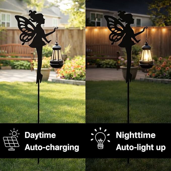 Solar Fairy Garden Accessories Outdoor 1 Pair - Metal Stakes Decorative Figurines Housewarming Ornament for Patio, Lawn, Yard, Pathway - Unique Gift Ideas for Gardening Mom Grandma (Warm Lighting)