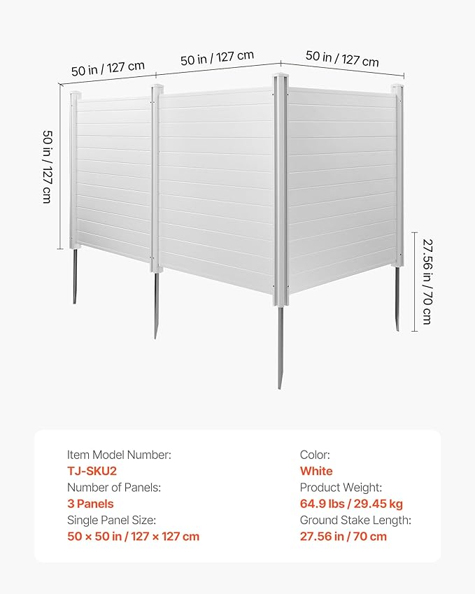 VEVOR Outdoor Privacy Screen, 50in H x 50in W Air Conditioner Fence, 3-Panel Pool Equipment Enclosure, Horizontal PVC Privacy Fence with 27.5 in Ground Stakes, No Dig Trash Can Fence for A/C Units