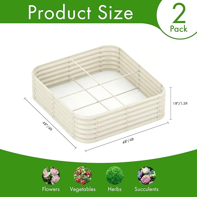 2-Pack 4x1.5ft Galvanized Raised Garden Bed, Outdoor Planter Bed, Metal Planter Box for Gardening and Planting,Milk White