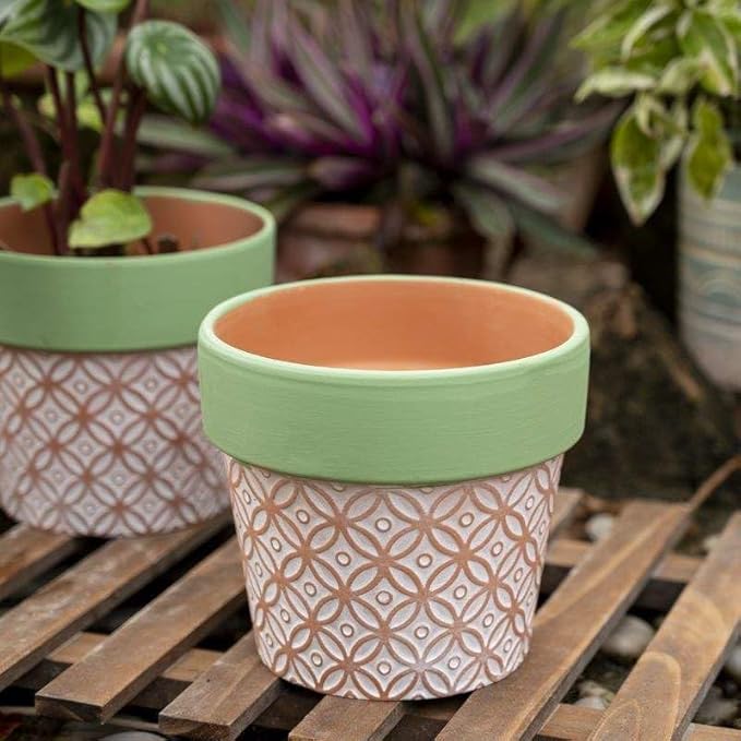 Terracotta Plant Pots Set of 2-4.7 Inch Vintage Pattern Clay Flowerpots with Green Rim & Drainage Holes, Decorative Terra Cotta Pots for Indoor Outdoor Garden Home Decor