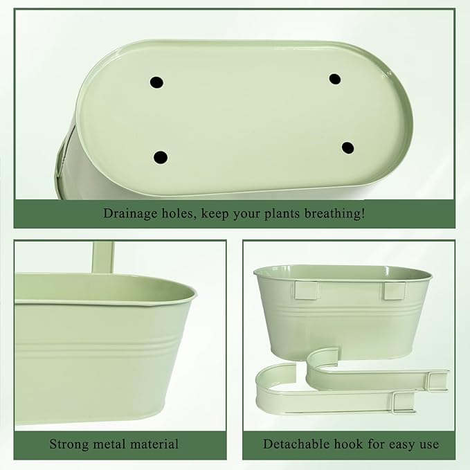Balcony Hanging Planters Flower Pots, 10" Metal Flower Pots for Outdoor Balcony Rails, Fence Pot Hanging Plant Holders with Detachable Hooks for Garden Patio Yard Decor (Mint Green, 2Pcs)