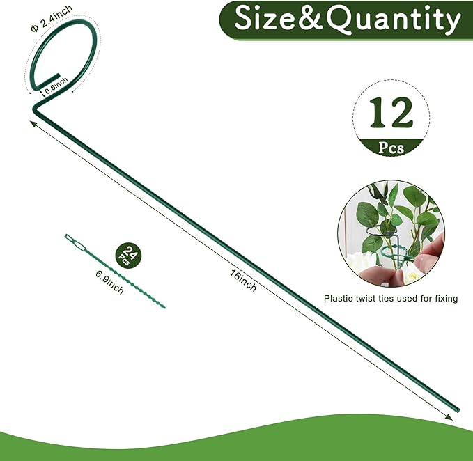 FEED GARDEN 16 Inch 12 Pack Plant Support Stakes, Metal Garden Flower Stakes and Supports for Outdoor Plants, Plant Stem Support with 24 Twist Ties for Amaryllis Lily Rose Peony Tomatoes Gladiolus