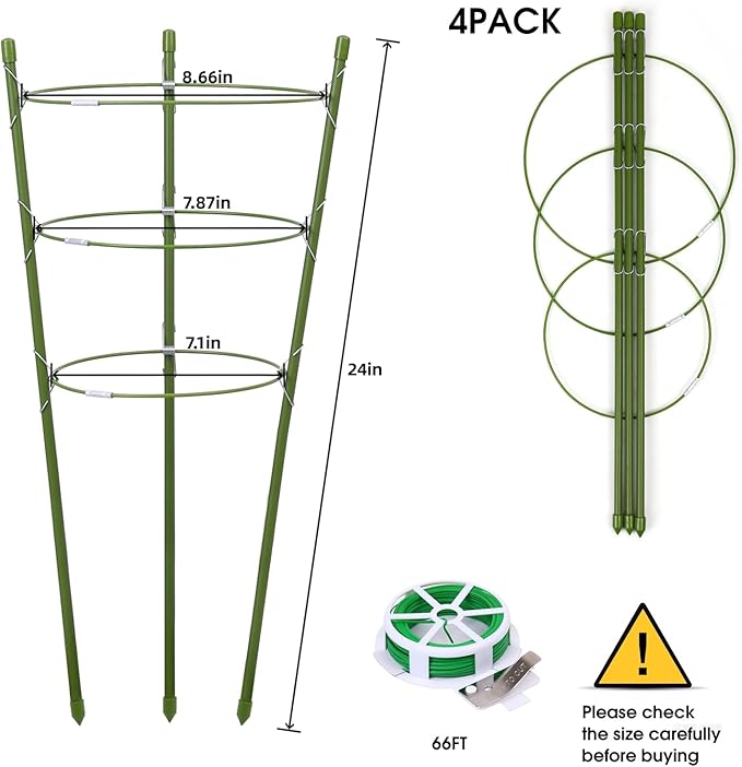 4 Pack Plant Support Tomato Cages for Garden, 24 Inches Tomato Cages and Supports with Adjustable Rings for Garden Pots, Plant Stakes Tomato Trellis Rings for Climbing Plants