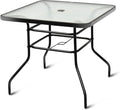 Tangkula 32" Square Outdoor Dining Table with Tempered Glass Top, Outside Bistro Table with 2" Umbrella Hole & Metal Frame, Patio Dining Table for Backyard, Lawn, Deck & Poolside