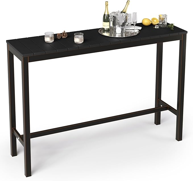 Outdoor Bar Table, 55" Patio Bar Height Counter Console Table, Black Waterproof HDPS Slatted Top and Bronze Leg, Weather Resistant, Hot Tub, Balcony, Yard, Indoor or Outdoor Use