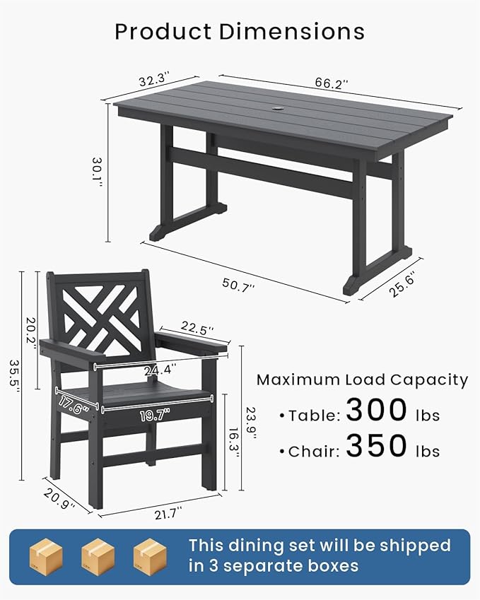 5-Piece Outdoor Dining Set, HDPE All-Weather Patio Table and Chairs Set for 4, Outdoor Patio Furniture Sets with Umbrella Hole for Outside, Deck, Backyard, Garden (Black)