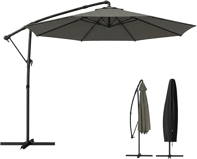 Outsunny 10 ft Offset Patio Umbrella with Cover, Round Hanging Cantilever Umbrella with 6-Position 360° Rotation, Crank Handle, Tilt, Cross Base, Heavy Duty Outdoor Umbrella for Garden