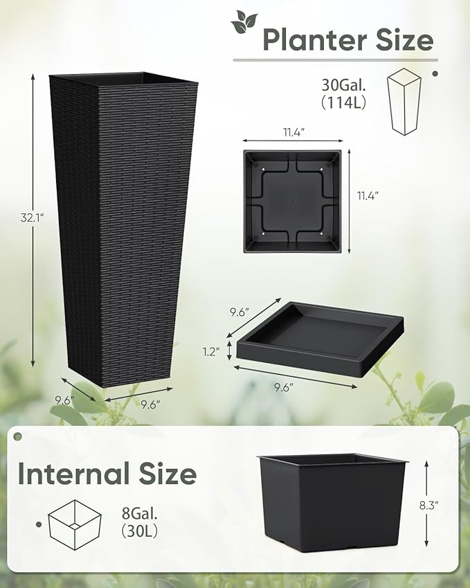 Greesum Set of 2 Tall Plastic Planters with Saucer, 32 Inch Large Pots with Drainage Trays, Weather-Resistant Plastic Plant Containers for Patio, Porch, Garden,Black